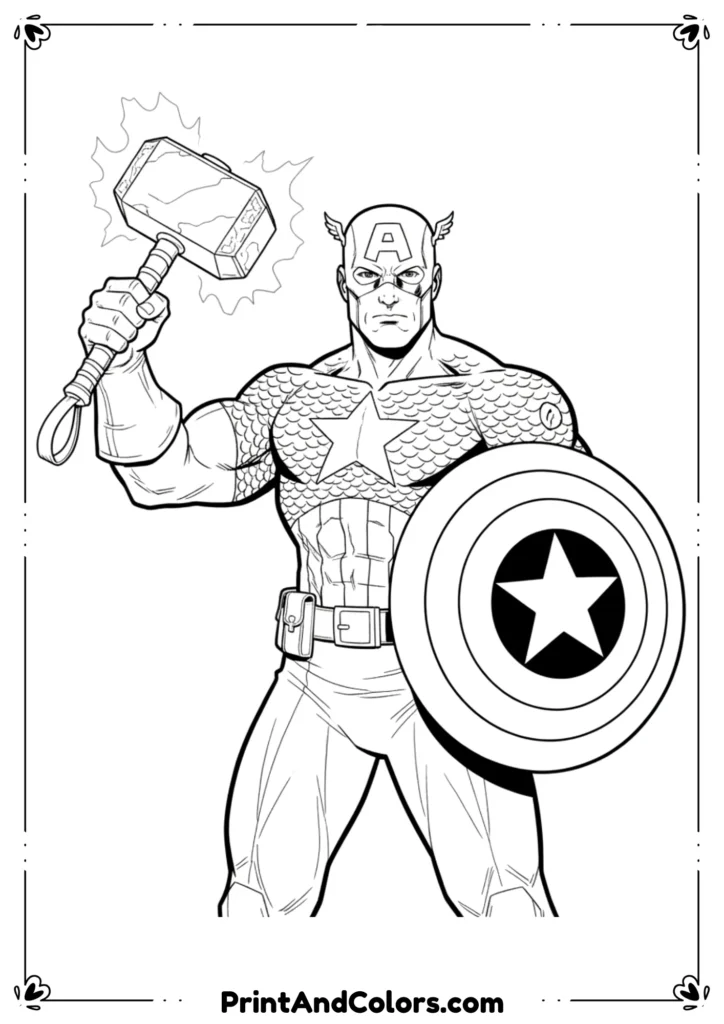 Line drawing of Captain America holding Mjolnir in one hand and shield in other, heroic comic outline.
