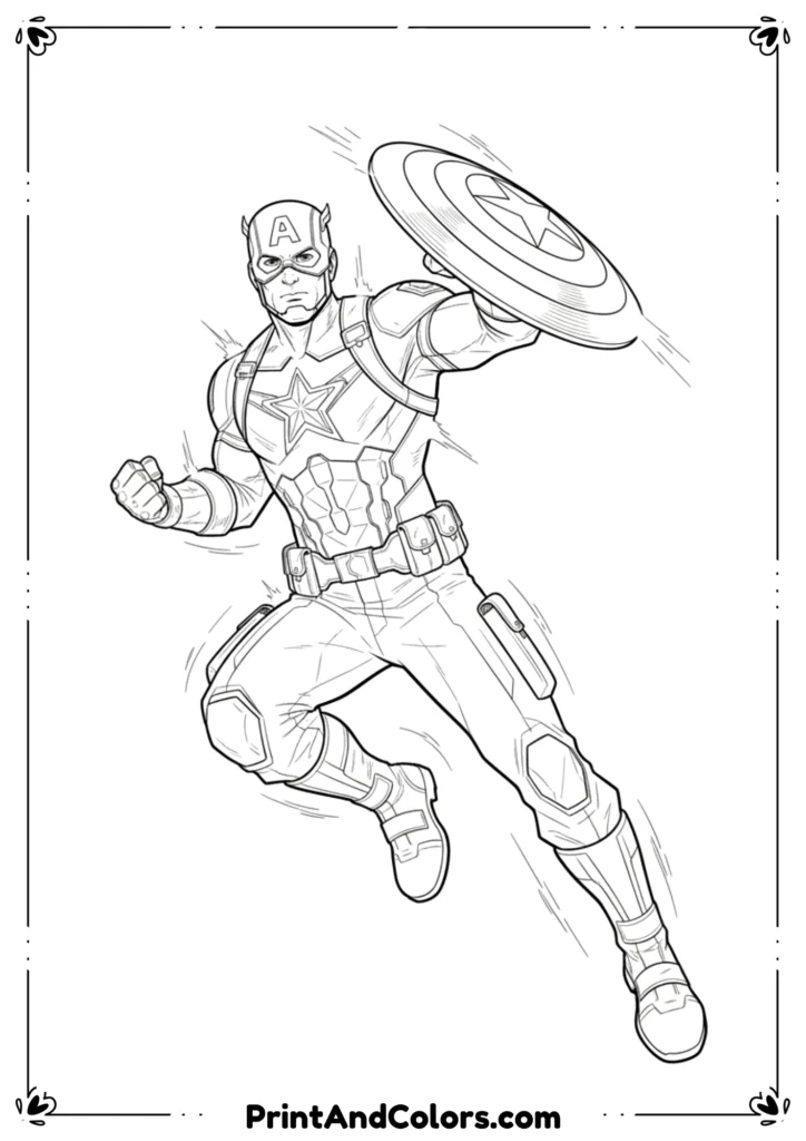 Dynamic line art of Captain America mid-jump through the air with shield raised, action outlines.