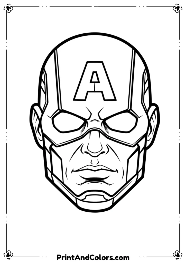 Black and white line art of Captain America’s iconic mask close-up, bold outlines.