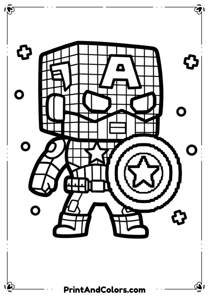Pixelated Minecraft-style Captain America character with shield, simple blocky outlines.