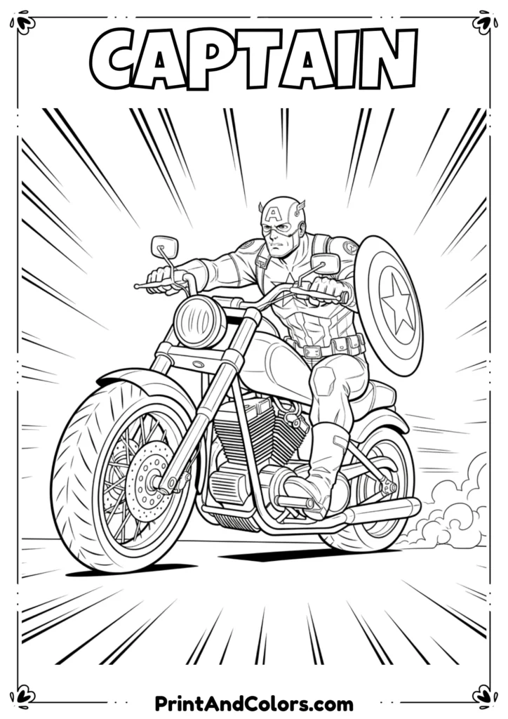 Line art of Captain America riding a motorcycle, shield attached to back, bold comic lines for coloring fun.