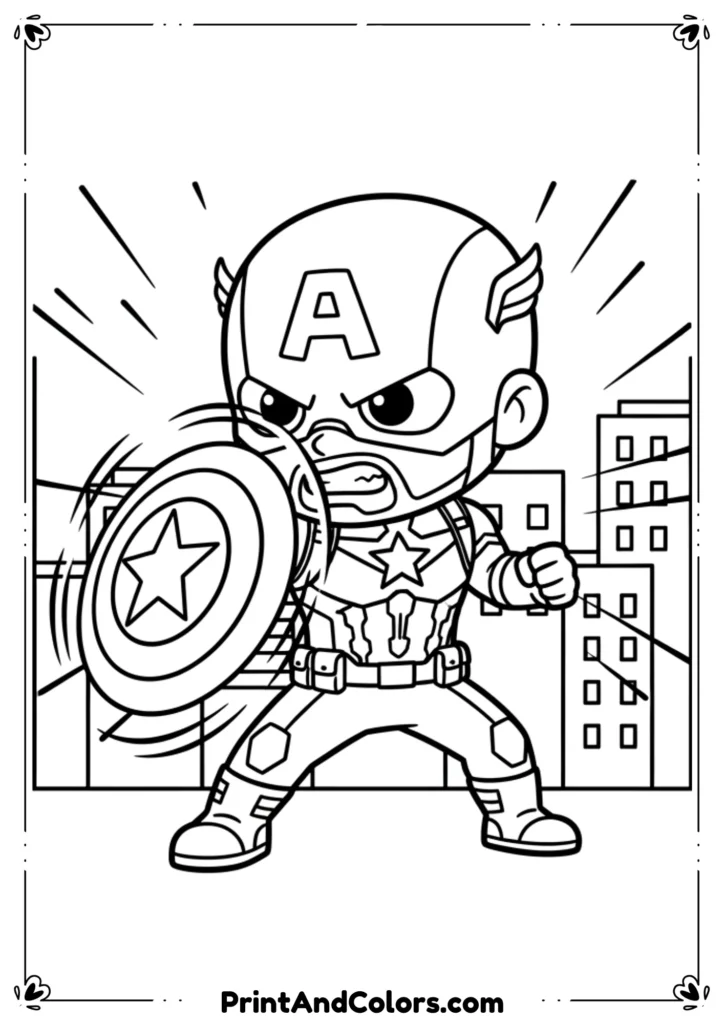 Line art of Captain America throwing shield toward enemy, shield motion lines, action pose.