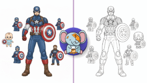 Captain America coloring pages collection in black and white line art, including classic Captain America with shield, baby version, Lego figure, Infinity War style, and chibi design.