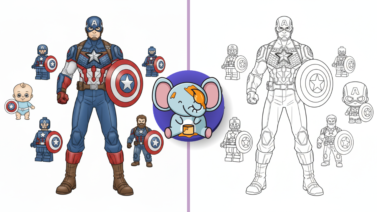 Captain America coloring pages collection in black and white line art, including classic Captain America with shield, baby version, Lego figure, Infinity War style, and chibi design.