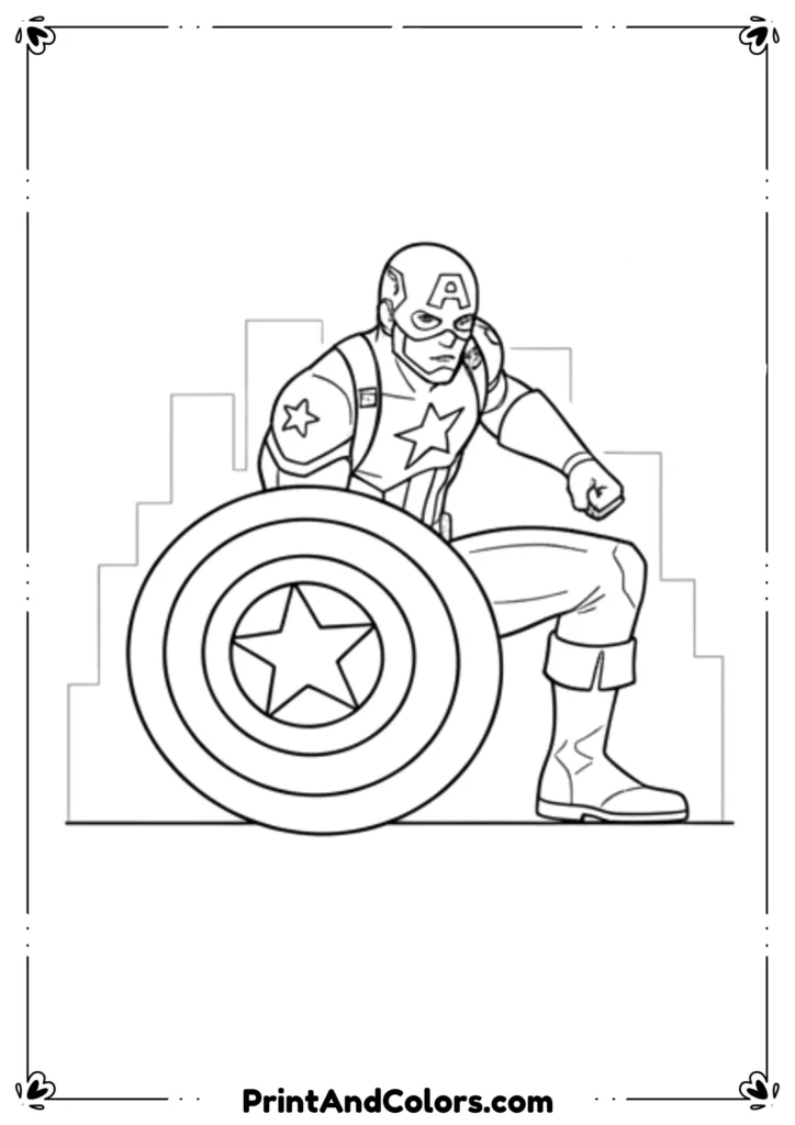 Dynamic black and white line art of Captain America fighting villains, shield in action.