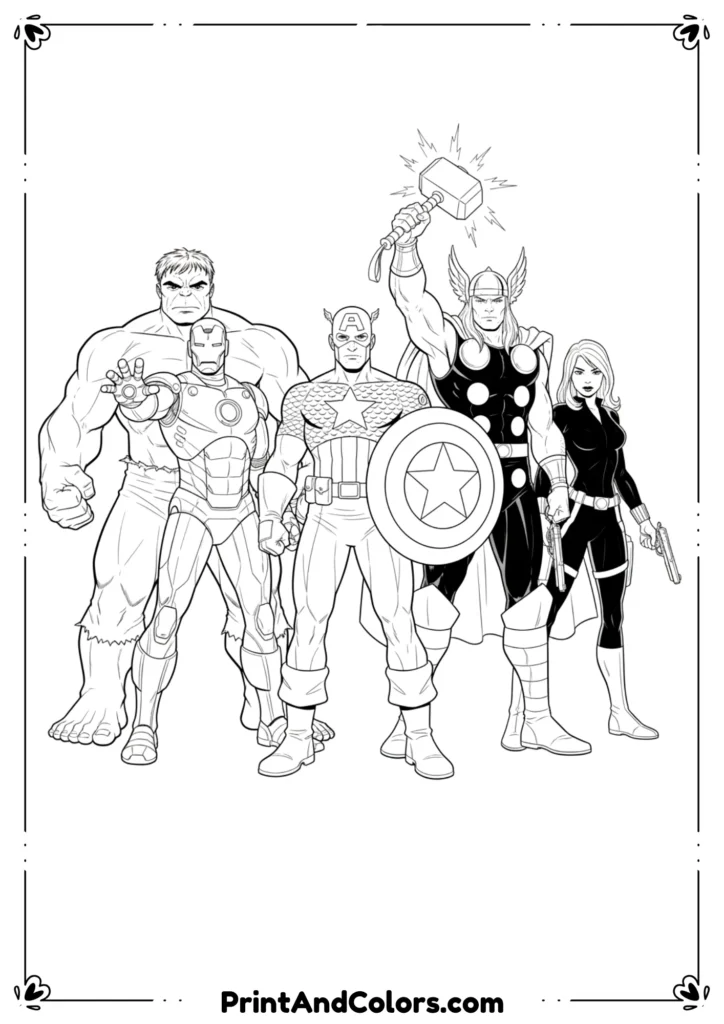 Black and white line drawing of Captain America standing with Avengers team members in comic outlines.
