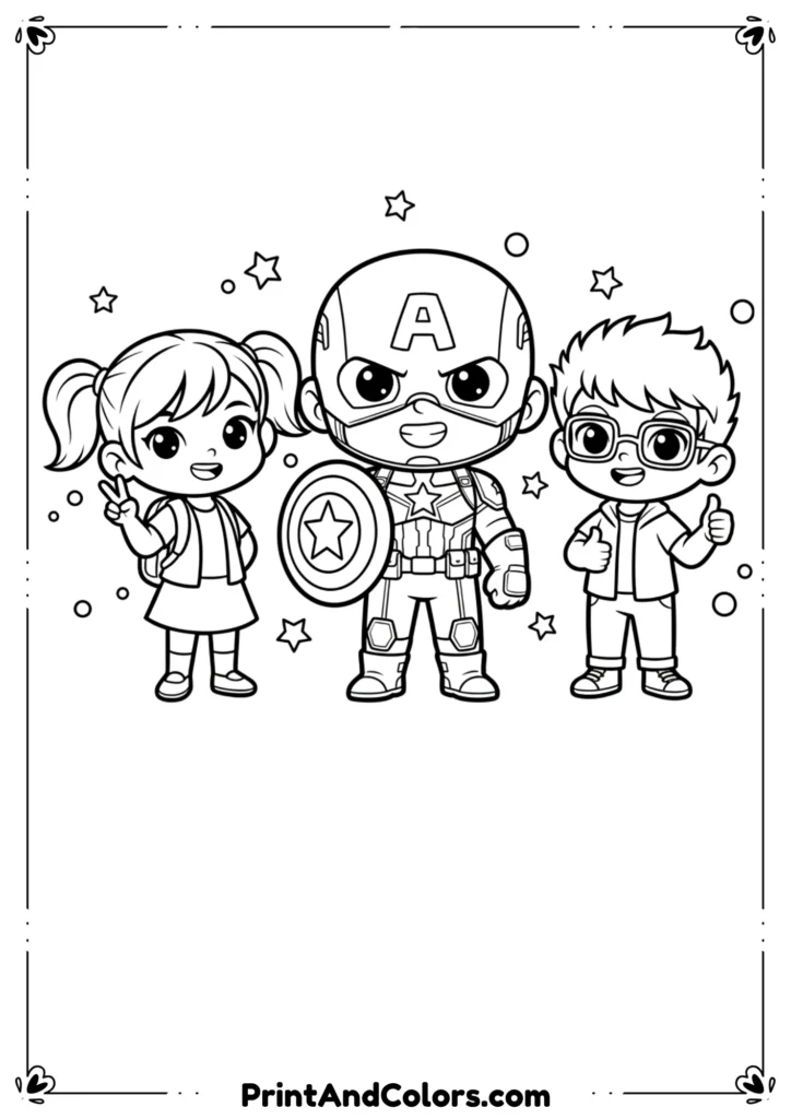 Black and white outline of Captain America standing beside civilian friends, friendly pose.