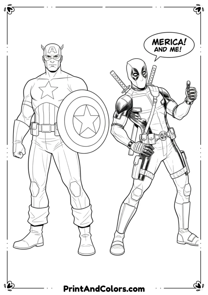 Funny line drawing of Captain America standing next to Deadpool, both in comic poses.