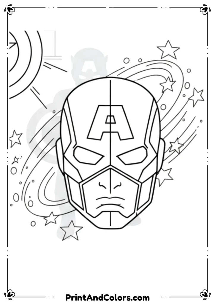 Line drawing of Captain America facing lesser-known comic villains, bold outlines.