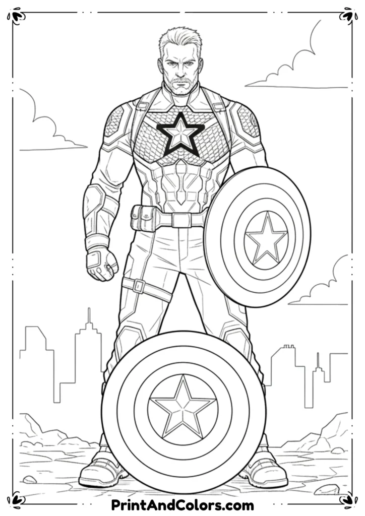 Line art of Captain America standing firmly with shield on ground, famous pose from comics, bold outlines.