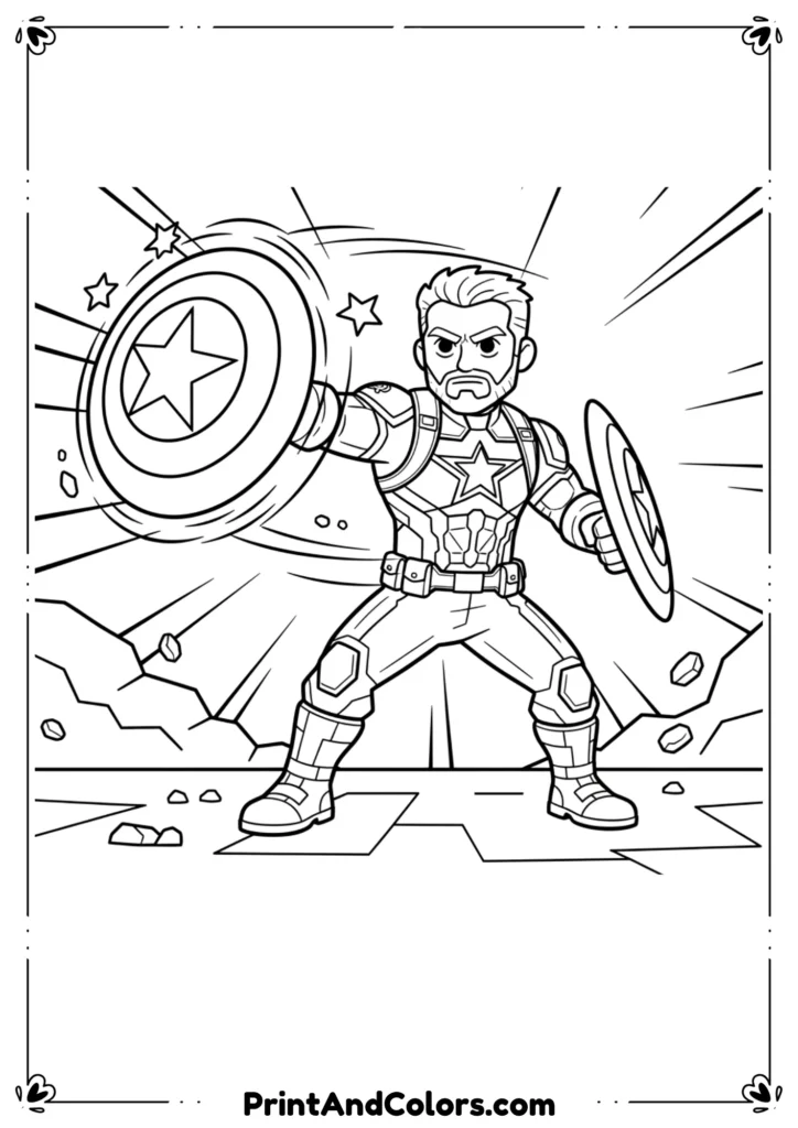 Line drawing of Captain America mid-action throwing his shield, shield in motion with action lines, comic-style design.