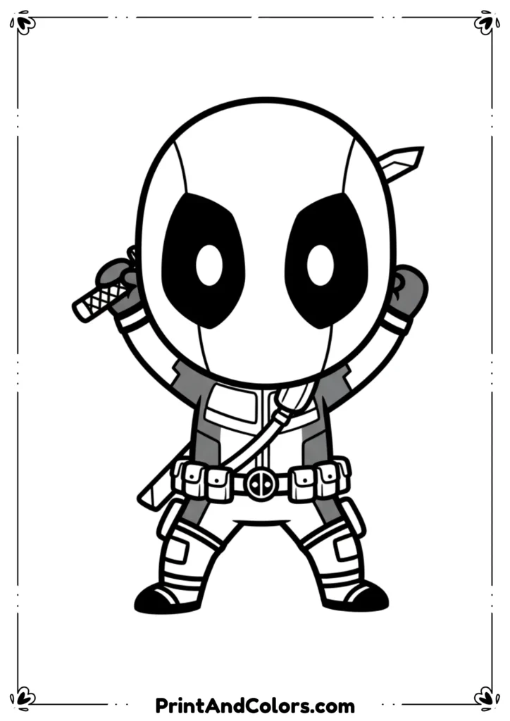 Cute chibi Deadpool with big round head, small body, holding tiny swords, outlined in black-and-white kawaii style