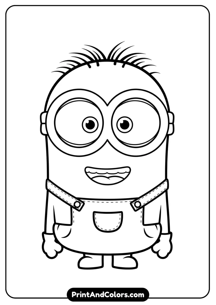 Cute Chibi-style Minion with oversized head and tiny body, simple black-and-white outlines