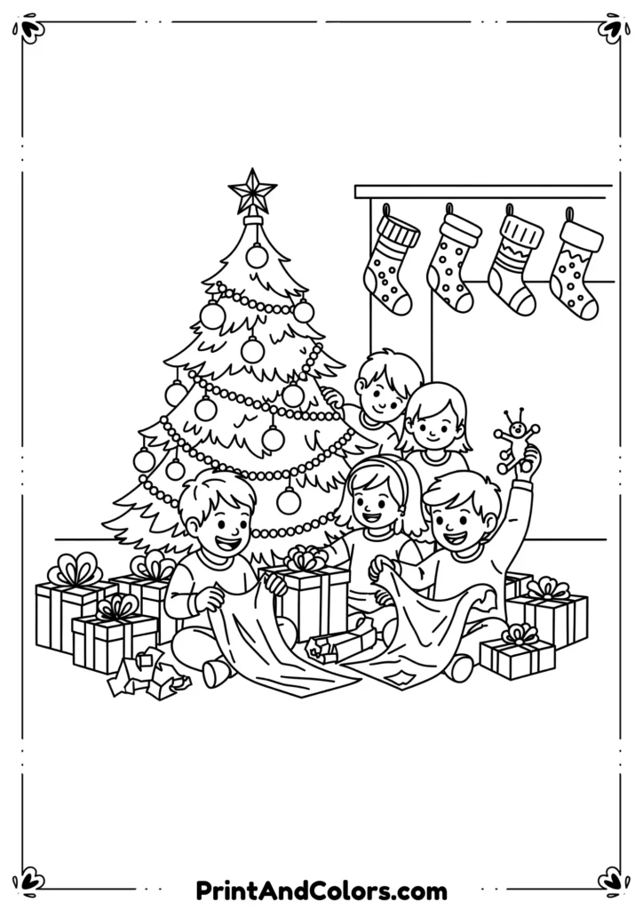 Outline drawing of children opening gifts under a Christmas tree with stockings in the background.