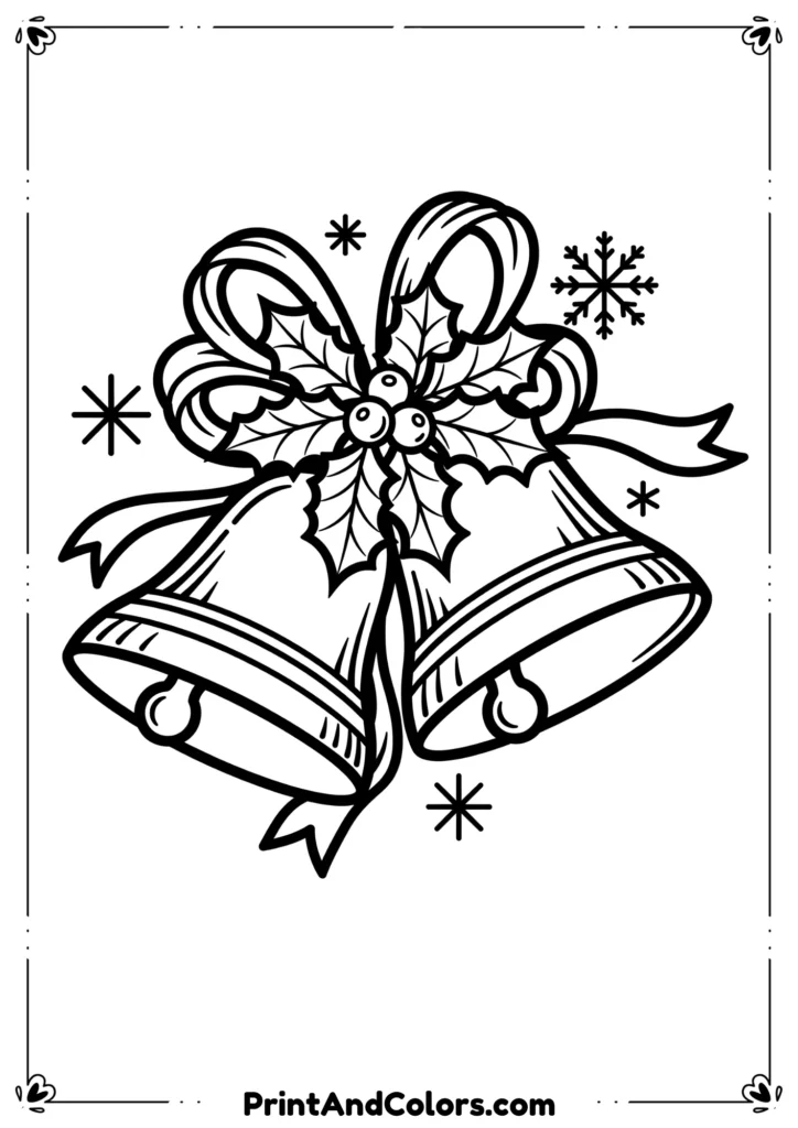Outline of festive Christmas bells with ribbons, holly leaves, and snowflakes.