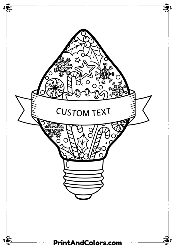 Black and white drawing of hanging Christmas bulbs with patterns and snowflakes.