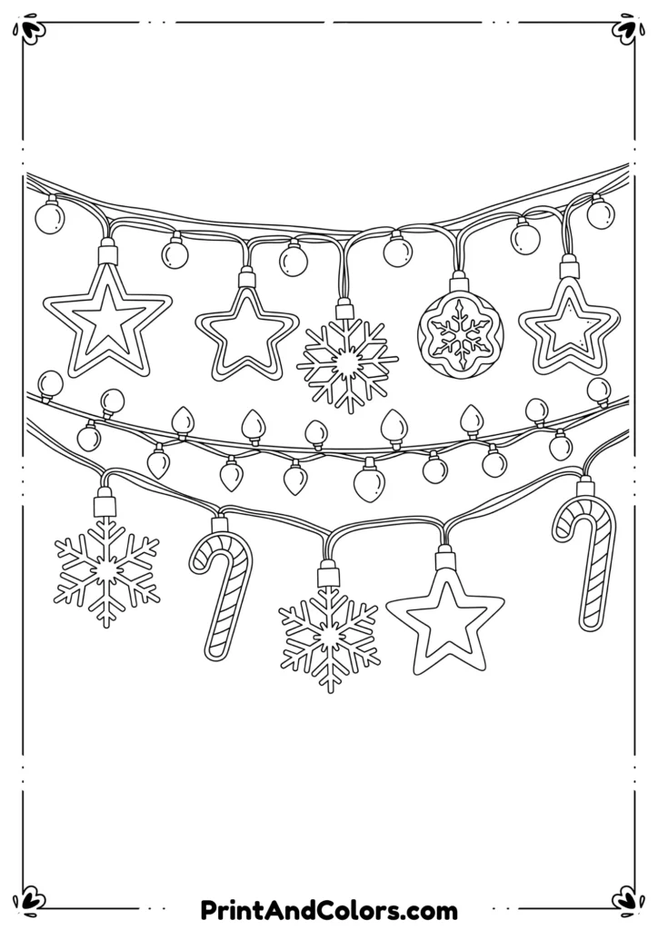 Outline drawing of hanging Christmas string lights in festive patterns, designed for coloring.