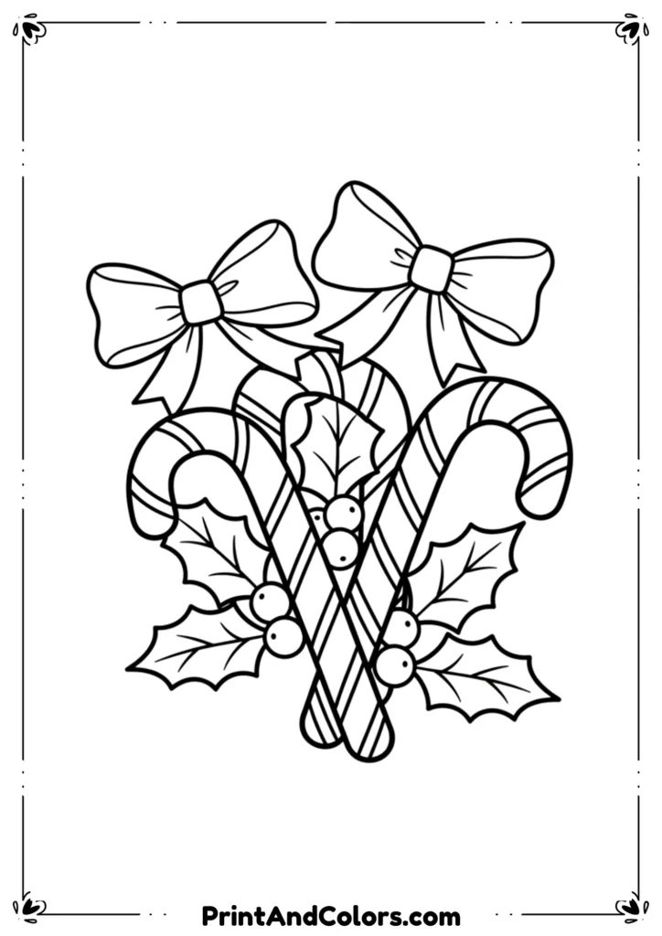 Black and white line art of Christmas candy canes with bows and holly leaves, simple outlines for kids to color.