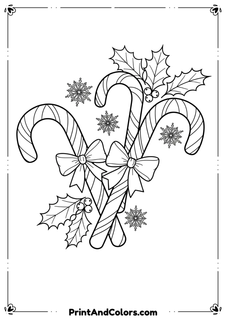 Black and white outline of candy canes decorated with bows, holly leaves, and snowflakes.