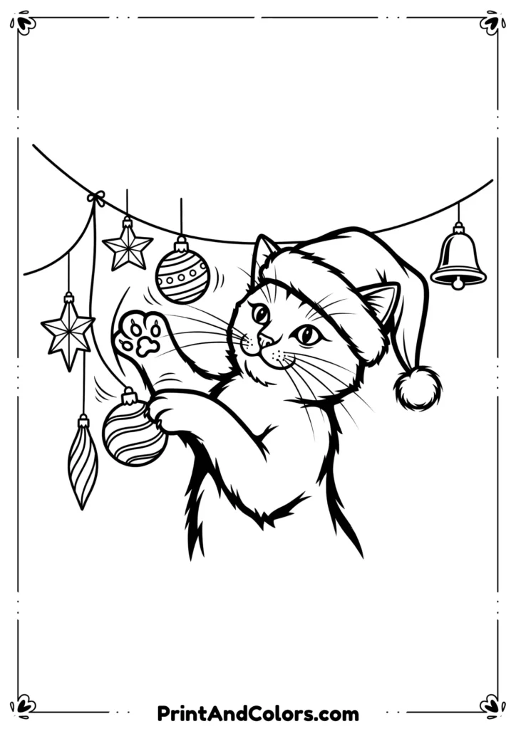 Line art of a cute cat wearing a Santa hat playing with Christmas ornaments.