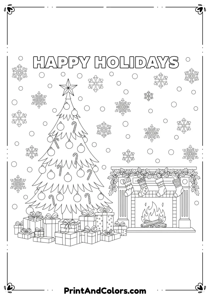 A festive black and white line art scene featuring Christmas elements such as a decorated tree, stockings, presents, and snowflakes, designed in a detailed outline style for coloring pages.