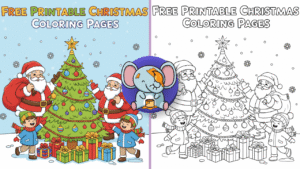 Printable black and white Christmas coloring page featuring Santa Claus, a decorated Christmas tree, children, snowflakes, and gifts, perfect for kids and adults.