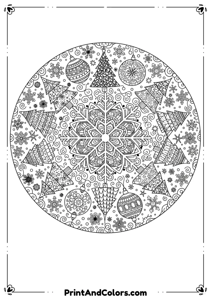 Intricate and detailed line art mandala-style Christmas designs including ornaments, snowflakes, and trees for adults.
