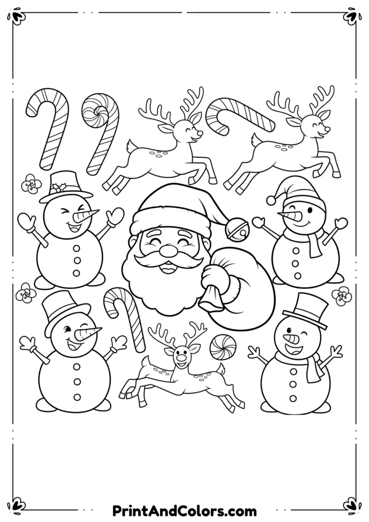 Fun and cute Christmas-themed outlines of Santa, snowmen, candy canes, and reindeer for children.