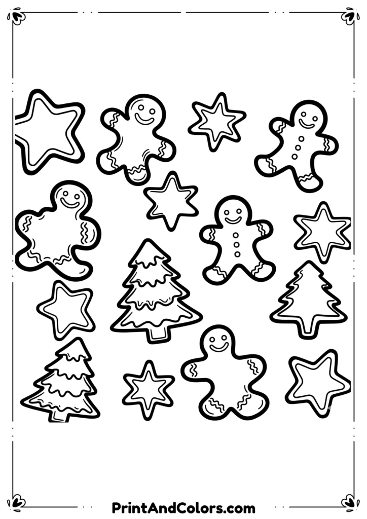 Line art of Christmas cookies shaped like stars, trees, and gingerbread men.