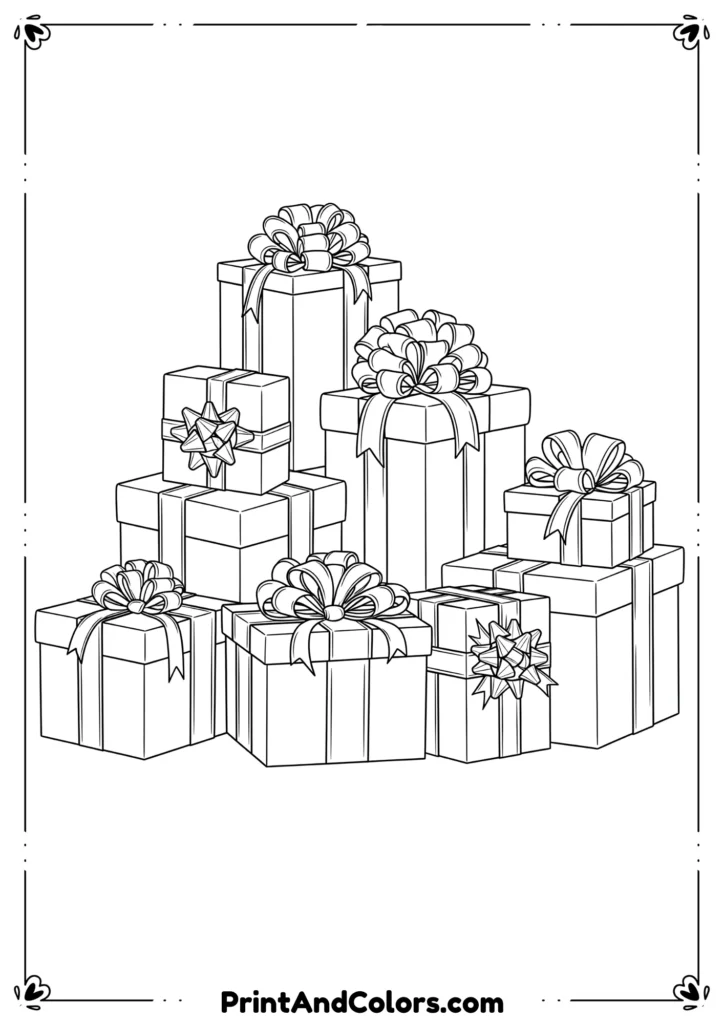 Black and white outline of wrapped Christmas presents with bows and ribbons.