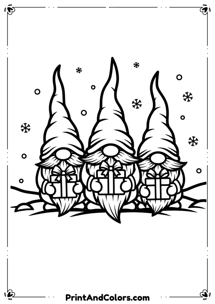 Line art of Christmas gnomes with tall hats, carrying gifts, standing in snow.