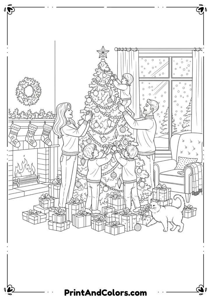 Black and white line art of a Christmas holiday scene with family decorating a tree, stockings, and gifts.