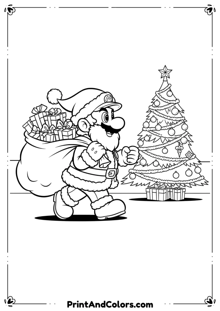 Line drawing of Mario in a Santa suit carrying a Christmas gift bag near a decorated tree.