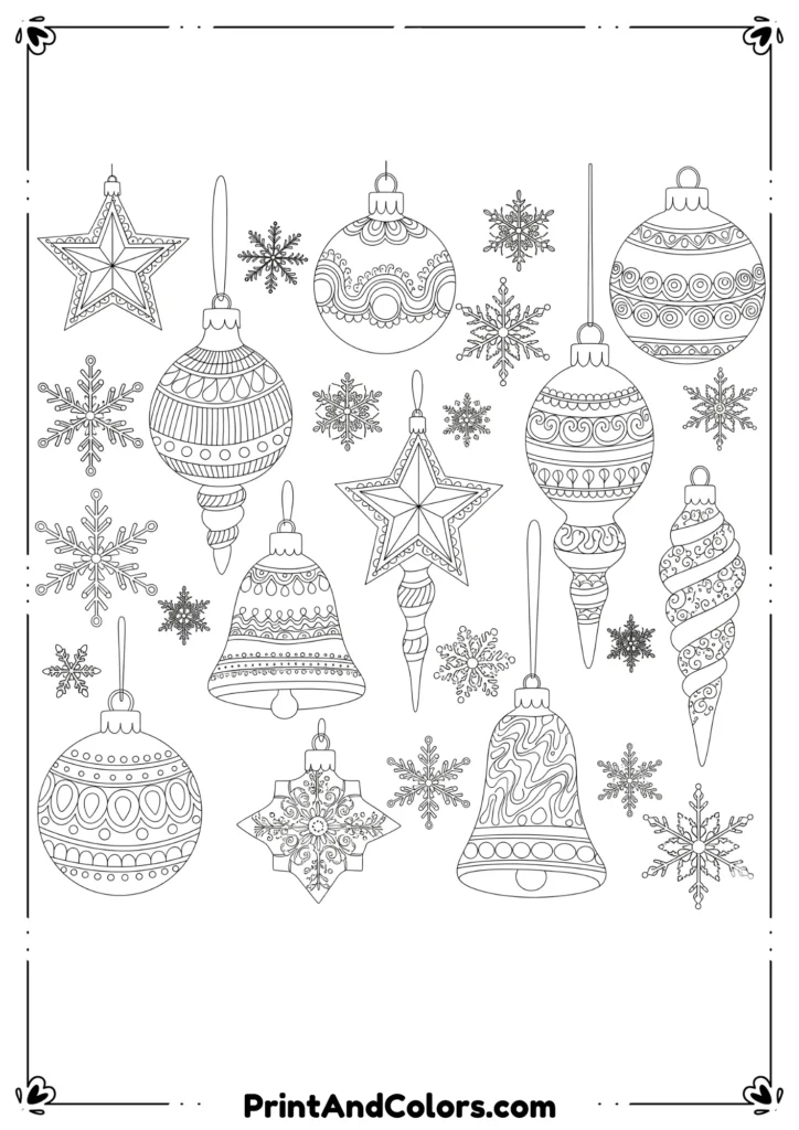 Outline of various Christmas ornaments with decorative patterns and snowflakes.