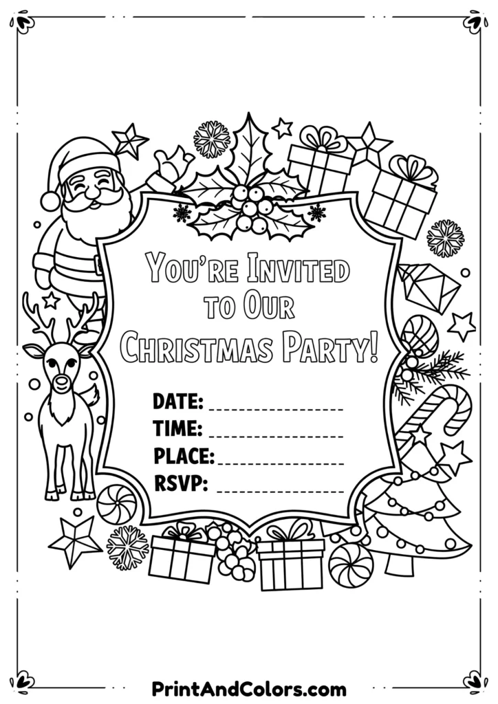 Line art of a festive party invitation with “Christmas Party” text surrounded by holly, bells, and snowflakes.