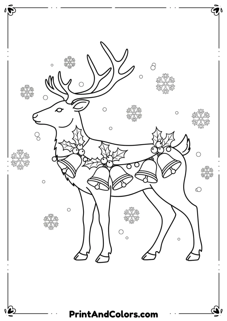 Outline drawing of reindeer with Christmas bells, holly, and snowflakes.
