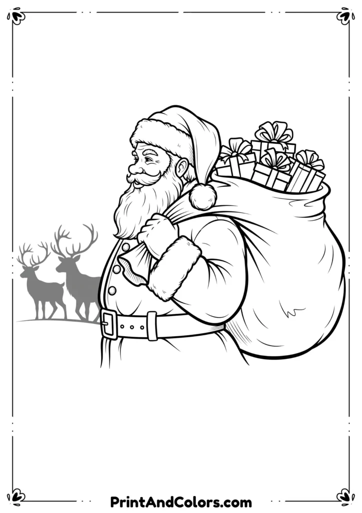 Black and white line drawing of Santa Claus carrying a gift sack with reindeer behind him.