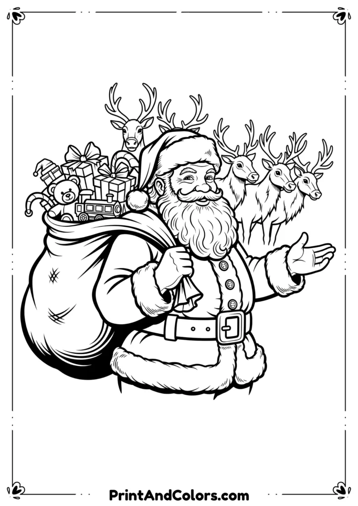 Detailed outline of Santa Claus holding a gift sack with reindeer in the background.
