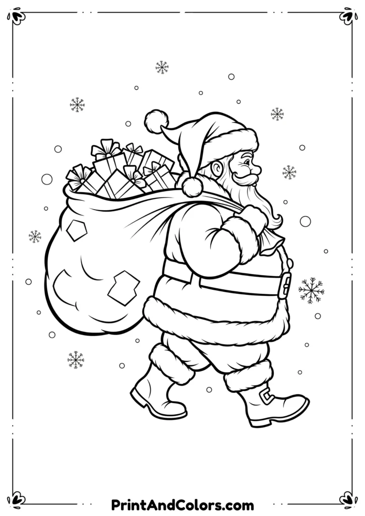 Black and white outline of Santa Claus carrying a big sack of gifts with snow falling around.