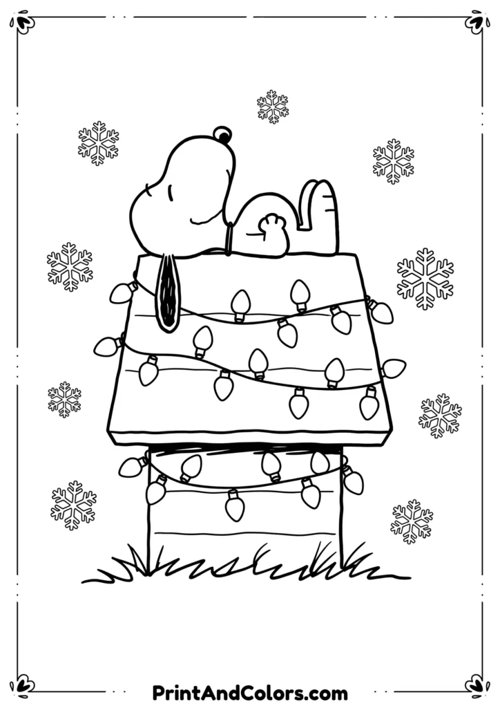 Black and white outline of Snoopy lying on top of his decorated doghouse with Christmas lights and snowflakes.