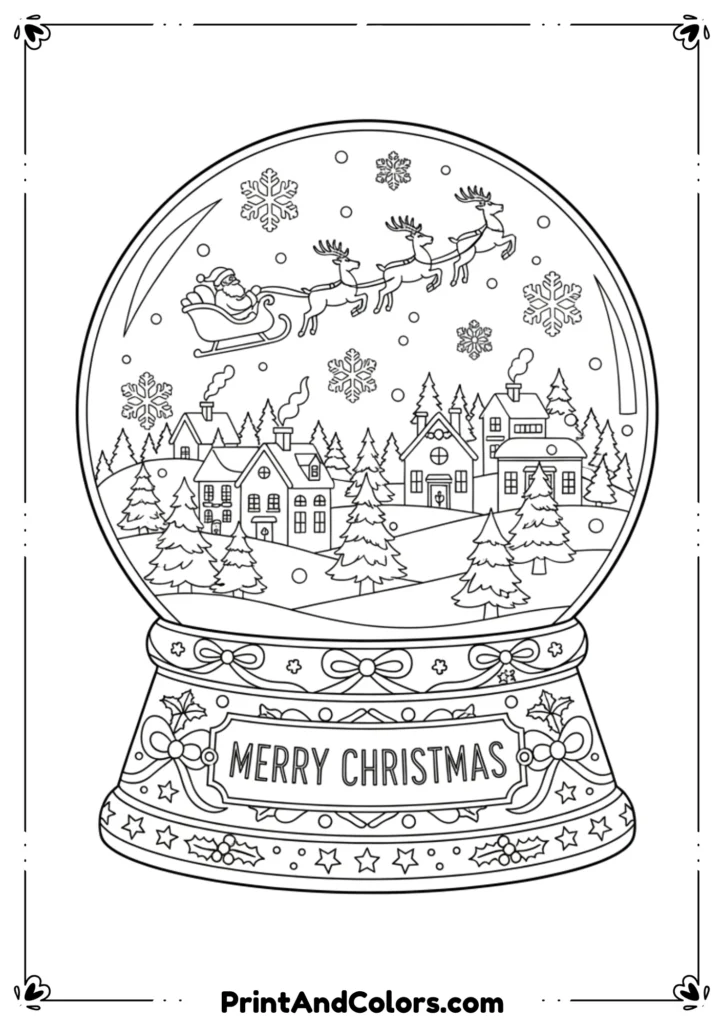 A snow globe outline featuring Santa Claus with reindeer flying over a snowy town, designed for coloring.
