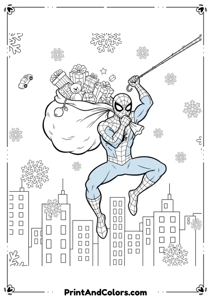 Spider-Man carrying a Santa sack full of gifts while swinging, snowflakes in the background, festive outline art.