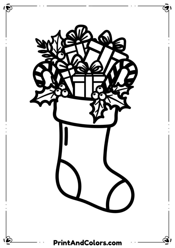 Black and white outline of a Christmas stocking filled with candy canes, gifts, and holly.