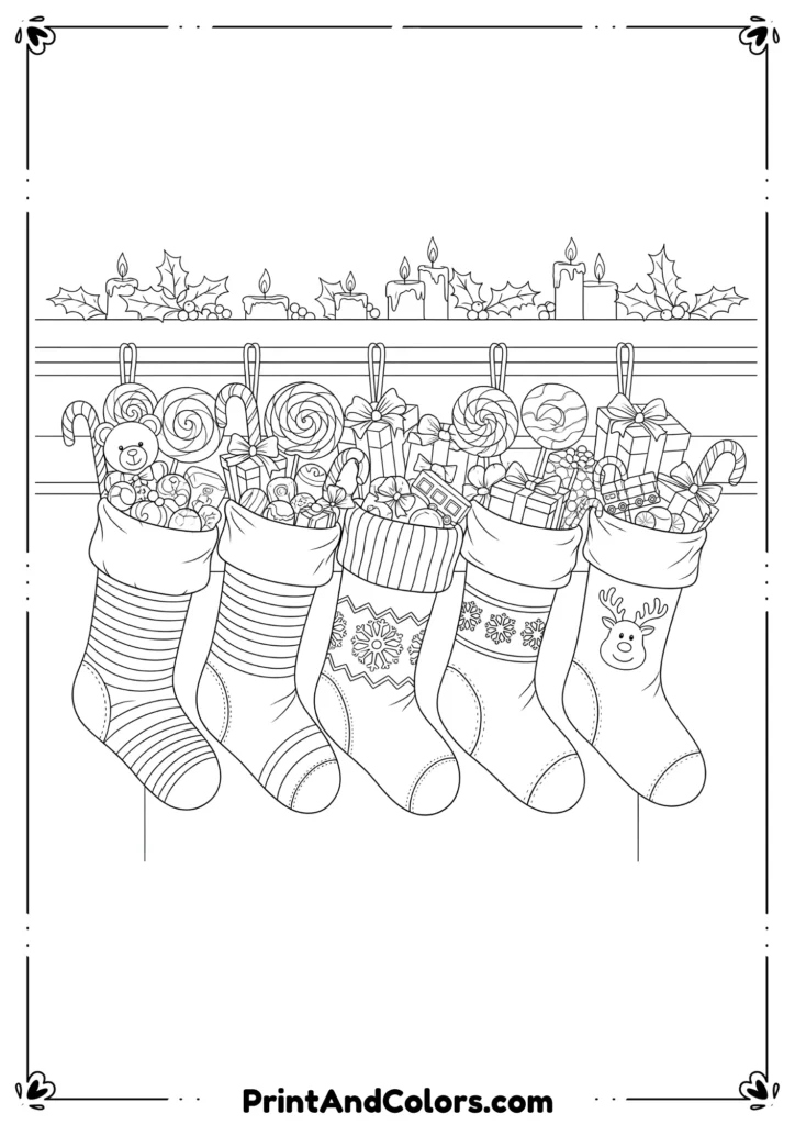 Outline drawing of hanging Christmas stockings filled with candies and small presents.