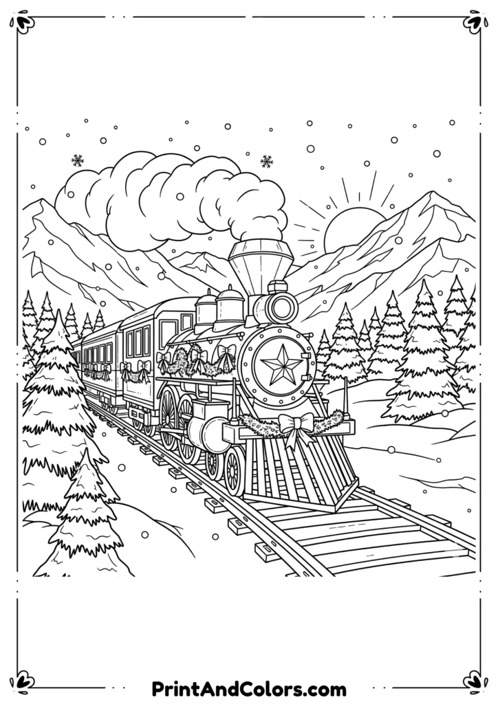 Black and white outline of a festive Christmas train decorated with garlands, moving through snowy mountains with pine trees.