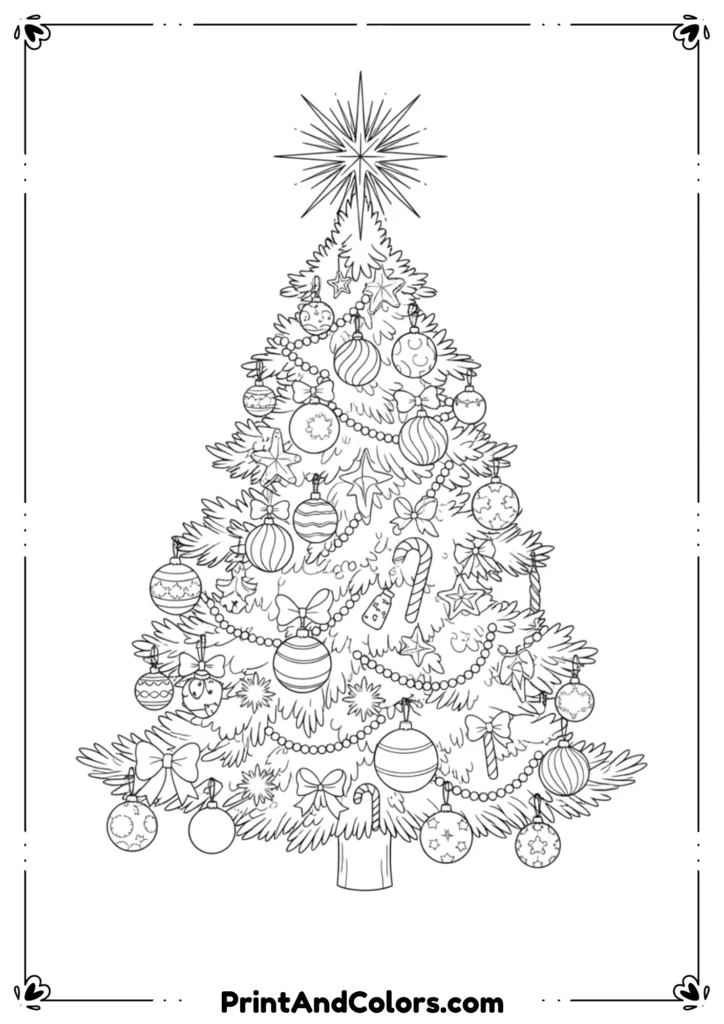 A detailed black and white outline of a Christmas tree decorated with ornaments, baubles, tinsel, and a star on top, ready for coloring.