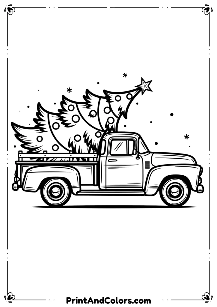 Line drawing of a vintage Christmas truck carrying a large decorated Christmas tree in the back.