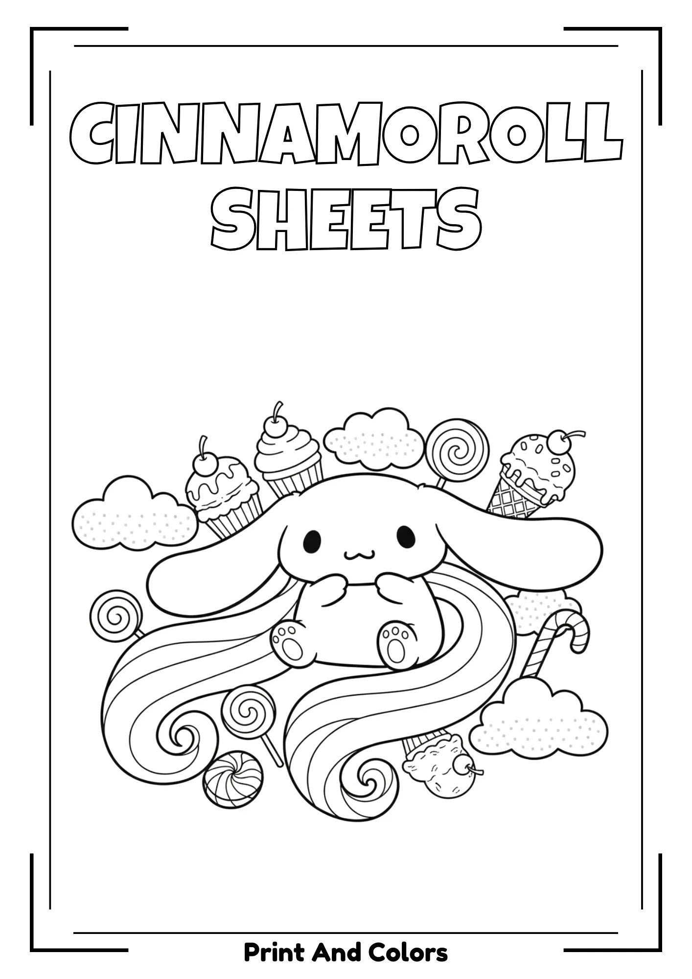 Cinnamoroll coloring page in black and white line art with cute dog character and sweets