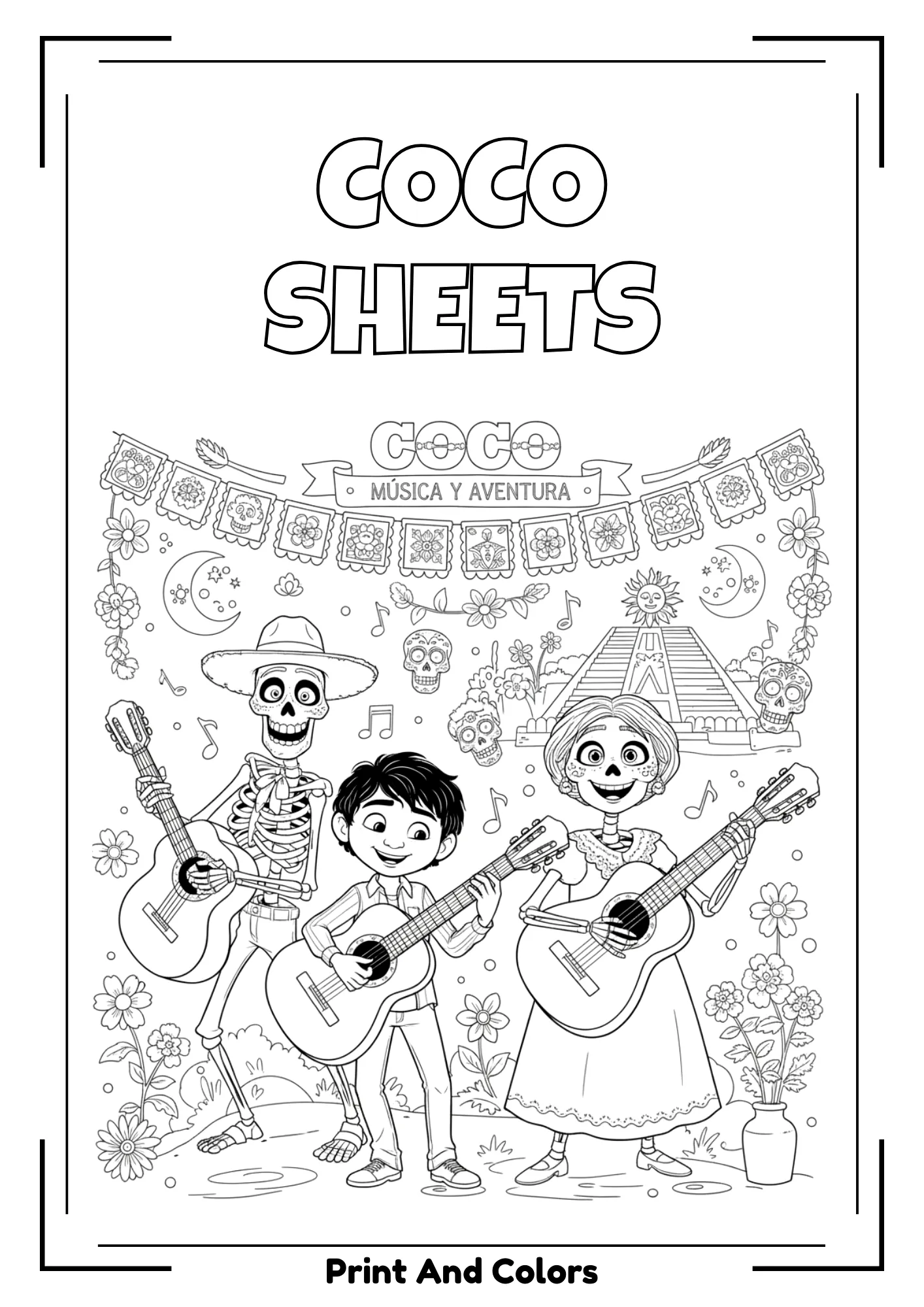 Coco coloring page in black and white line art featuring Miguel with guitar