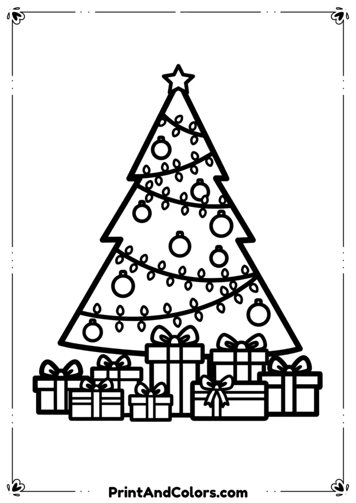 Simple outline of a Christmas tree with baubles, lights, and gifts underneath.